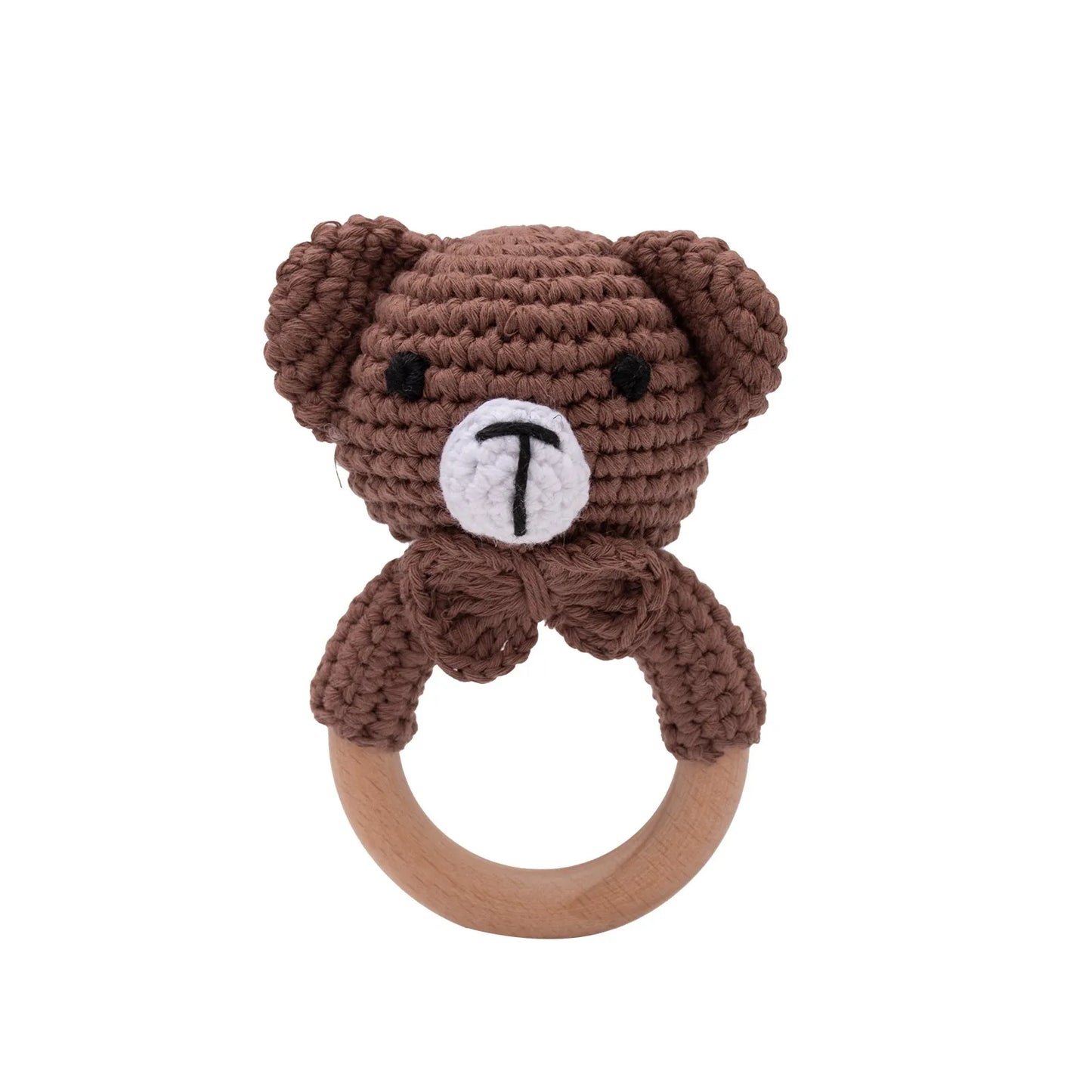 1PC Crochet Animal Bear Rattle Toy Soother Bracelet Wooden Teether Ring Baby