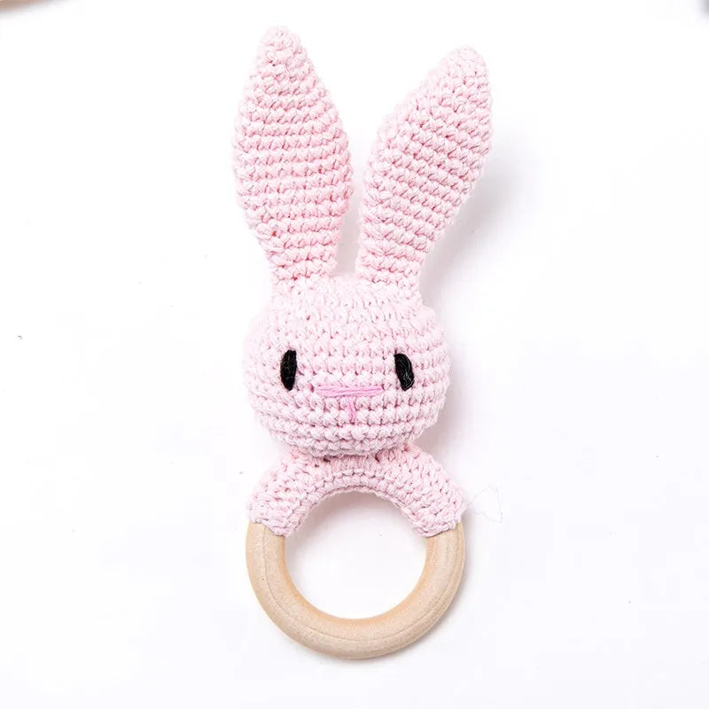 1PC Crochet Animal Bear Rattle Toy Soother Bracelet Wooden Teether Ring Baby