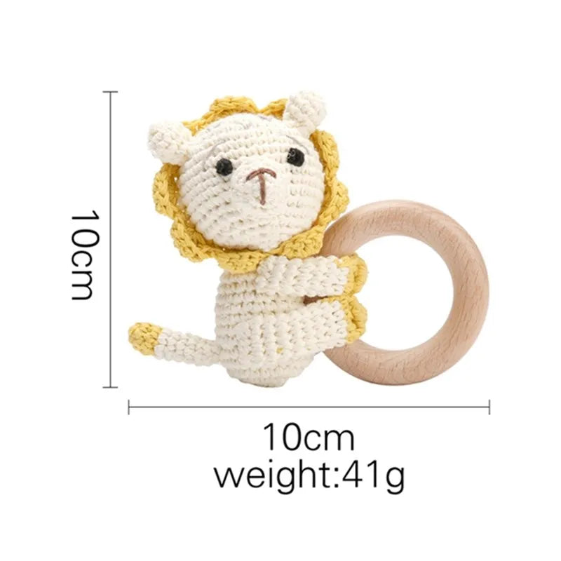 1PC Crochet Animal Bear Rattle Toy Soother Bracelet Wooden Teether Ring Baby