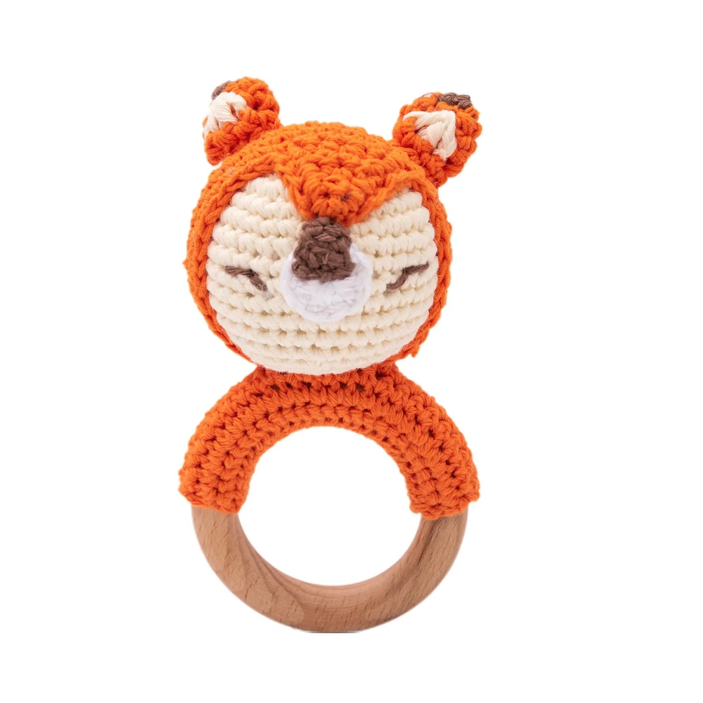 1PC Crochet Animal Bear Rattle Toy Soother Bracelet Wooden Teether Ring Baby