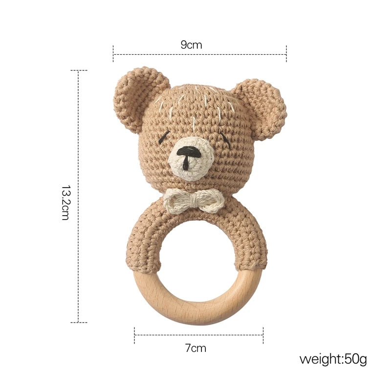 1PC Crochet Animal Bear Rattle Toy Soother Bracelet Wooden Teether Ring Baby