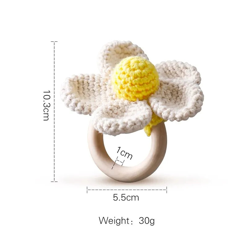 1PC Crochet Animal Bear Rattle Toy Soother Bracelet Wooden Teether Ring Baby