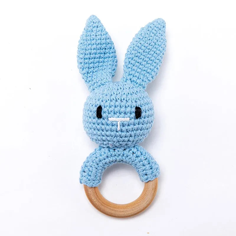 1PC Crochet Animal Bear Rattle Toy Soother Bracelet Wooden Teether Ring Baby