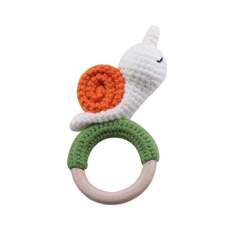 1PC Crochet Animal Bear Rattle Toy Soother Bracelet Wooden Teether Ring Baby