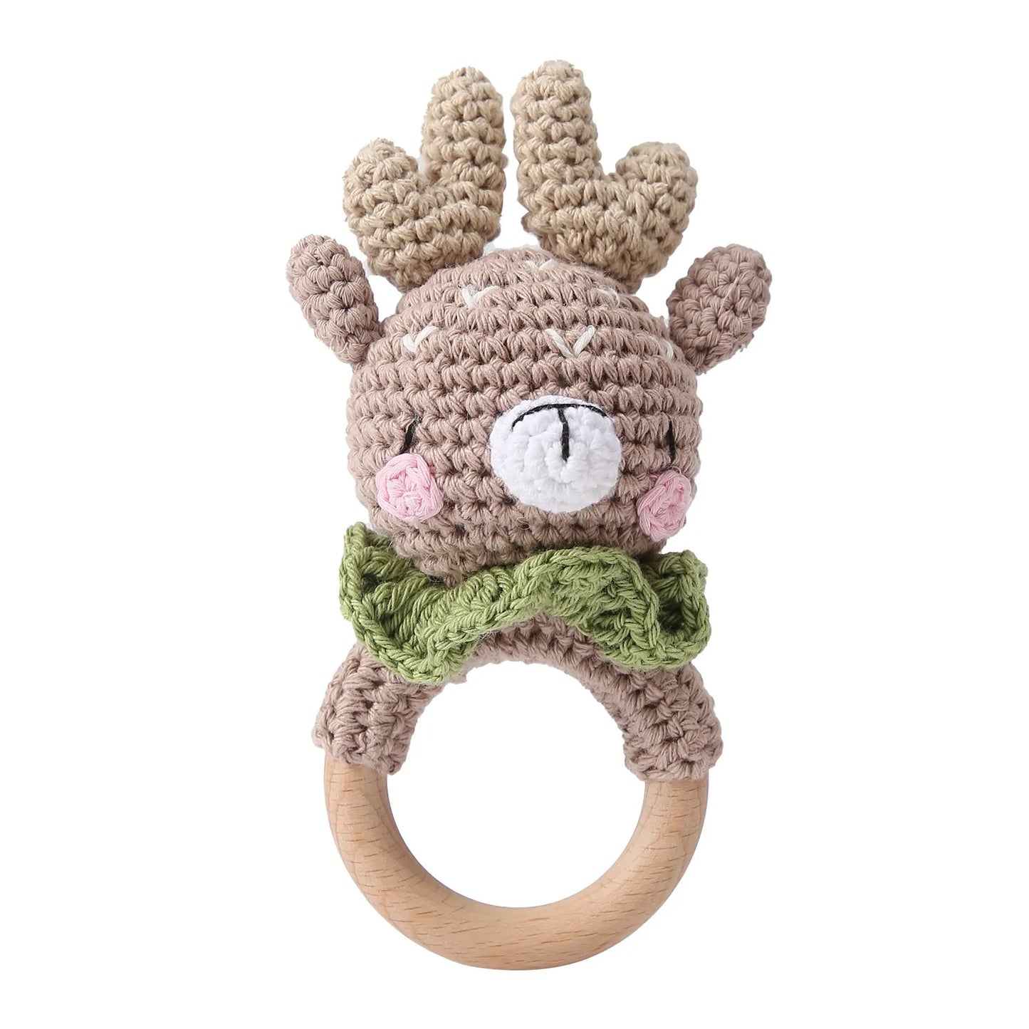 1PC Crochet Animal Bear Rattle Toy Soother Bracelet Wooden Teether Ring Baby