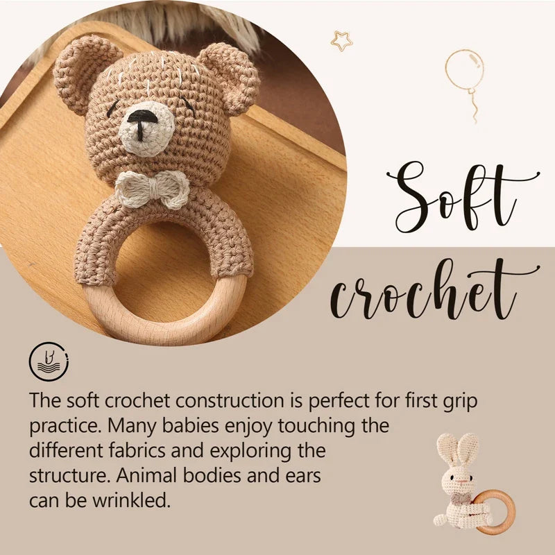 1PC Crochet Animal Bear Rattle Toy Soother Bracelet Wooden Teether Ring Baby