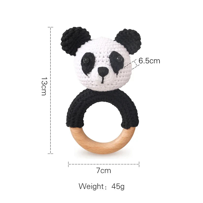 1PC Crochet Animal Bear Rattle Toy Soother Bracelet Wooden Teether Ring Baby