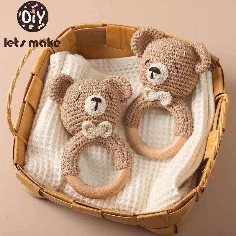 1PC Crochet Animal Bear Rattle Toy Soother Bracelet Wooden Teether Ring Baby