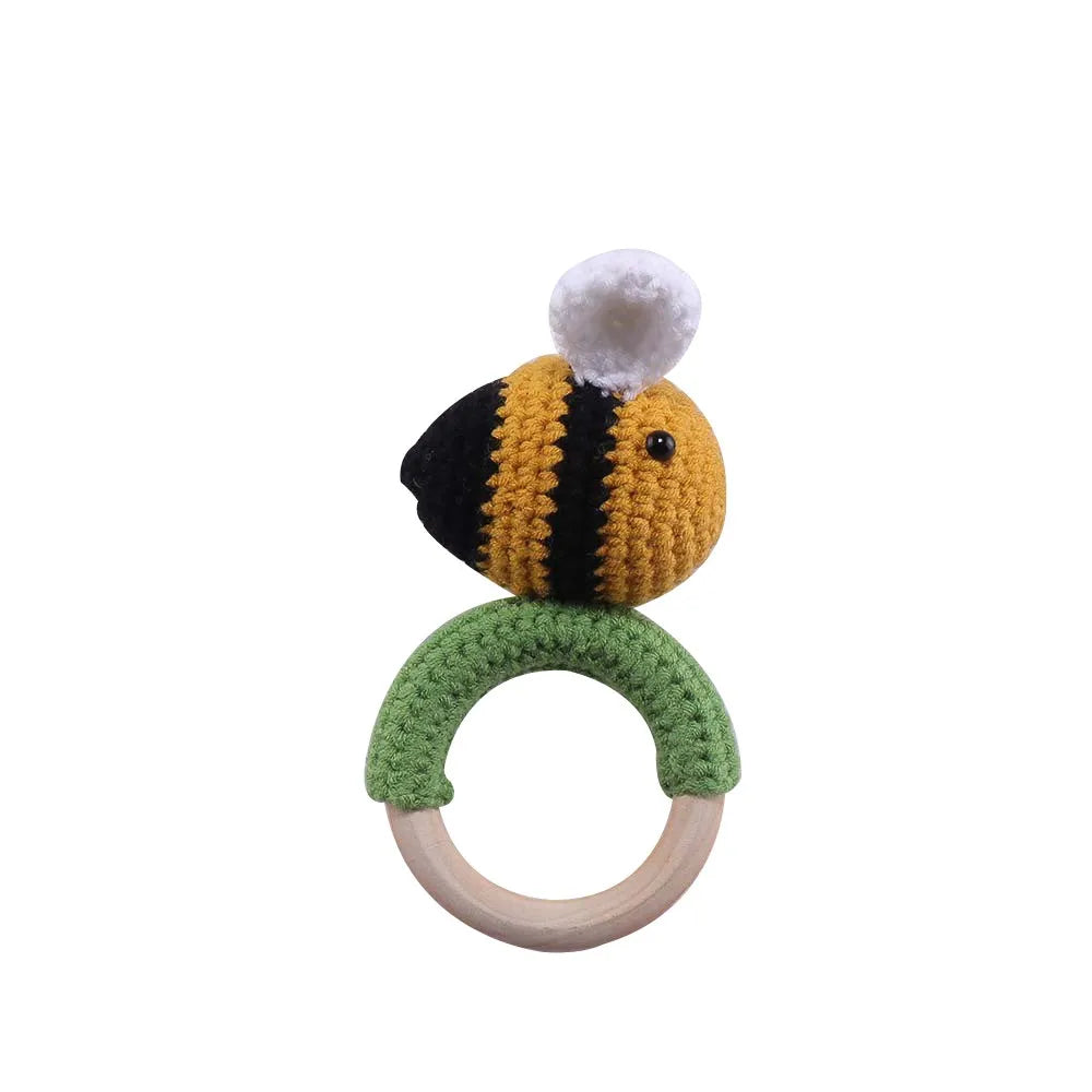 1PC Crochet Animal Bear Rattle Toy Soother Bracelet Wooden Teether Ring Baby